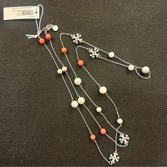 NWT - TORY BURCH Multi-bead Silver tone, double-T necklace - Picture 2 of 3